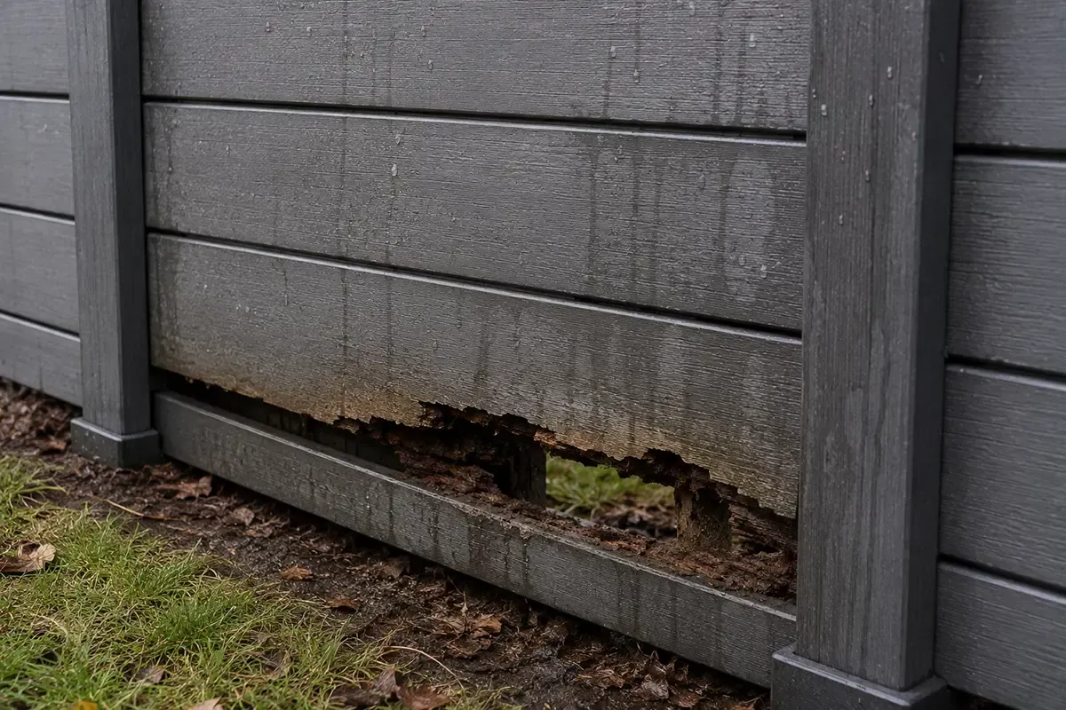 Damaged gray wooden fence with a long gap near the bottom and visible ground behind it