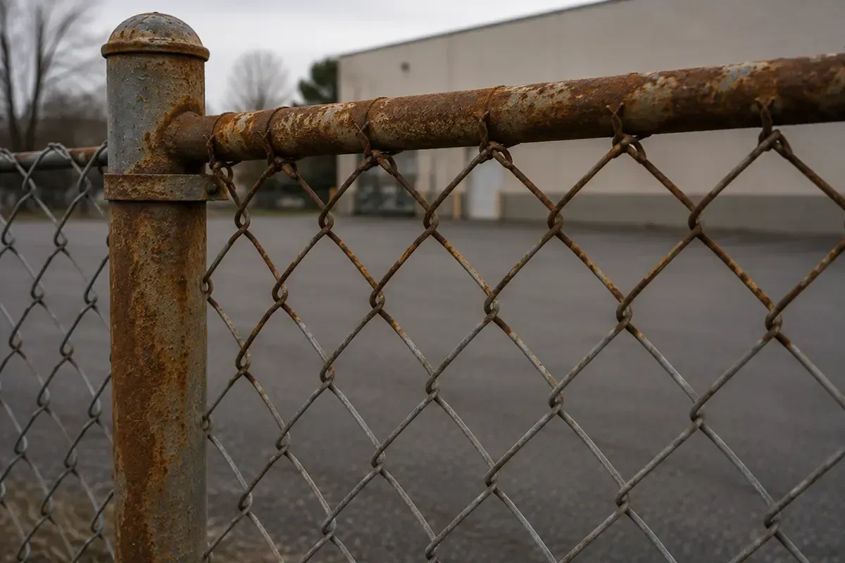 Rusty chain-link fence with a weathered top rail beside a wet, empty street
