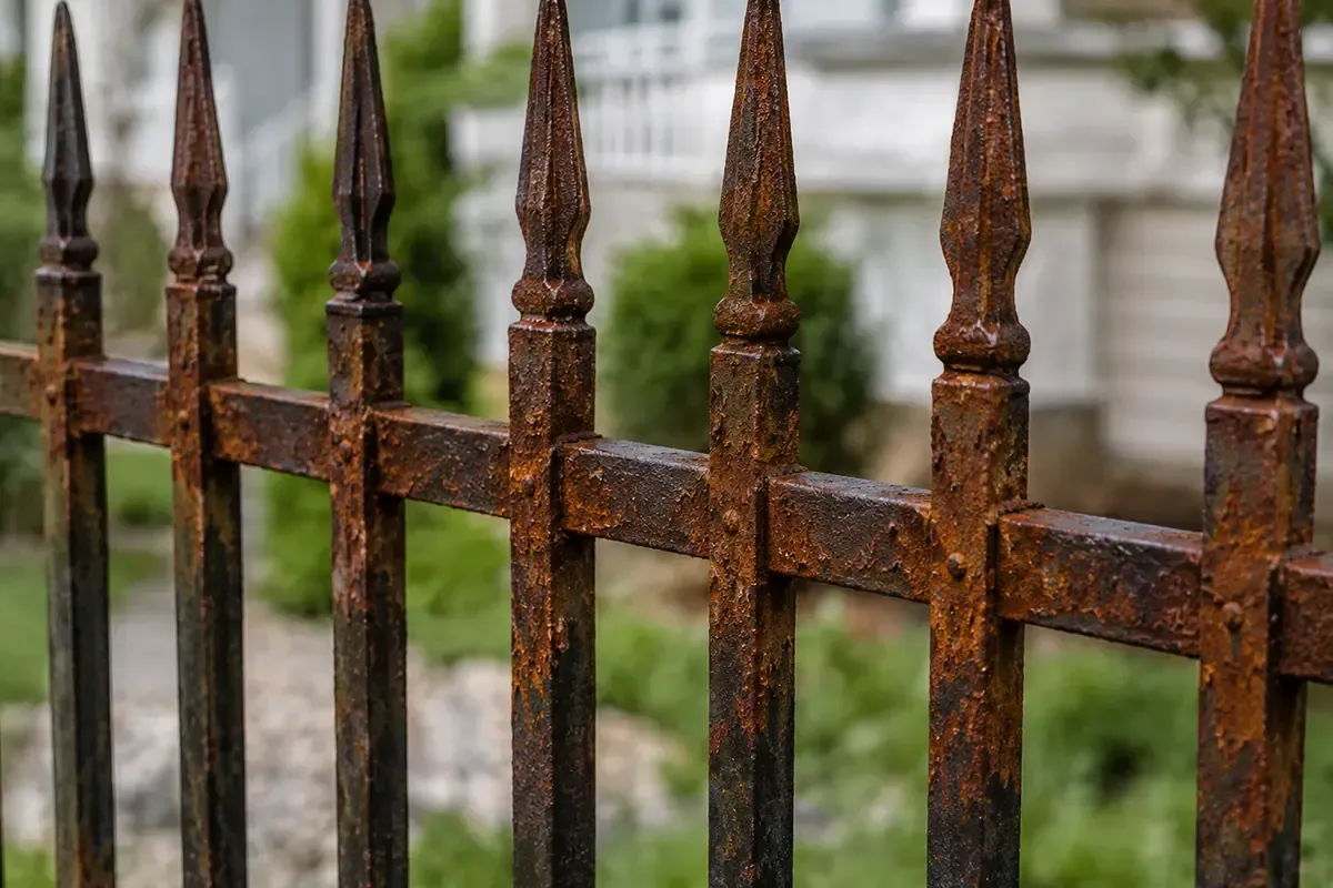 Rusty iron fence with pointed finials in front of a blurred stone wall and greenery