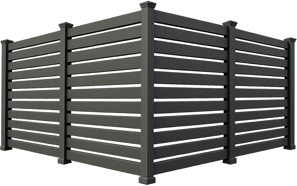 Dark gray metal fence panels with horizontal slats, shown at an angle on a white background