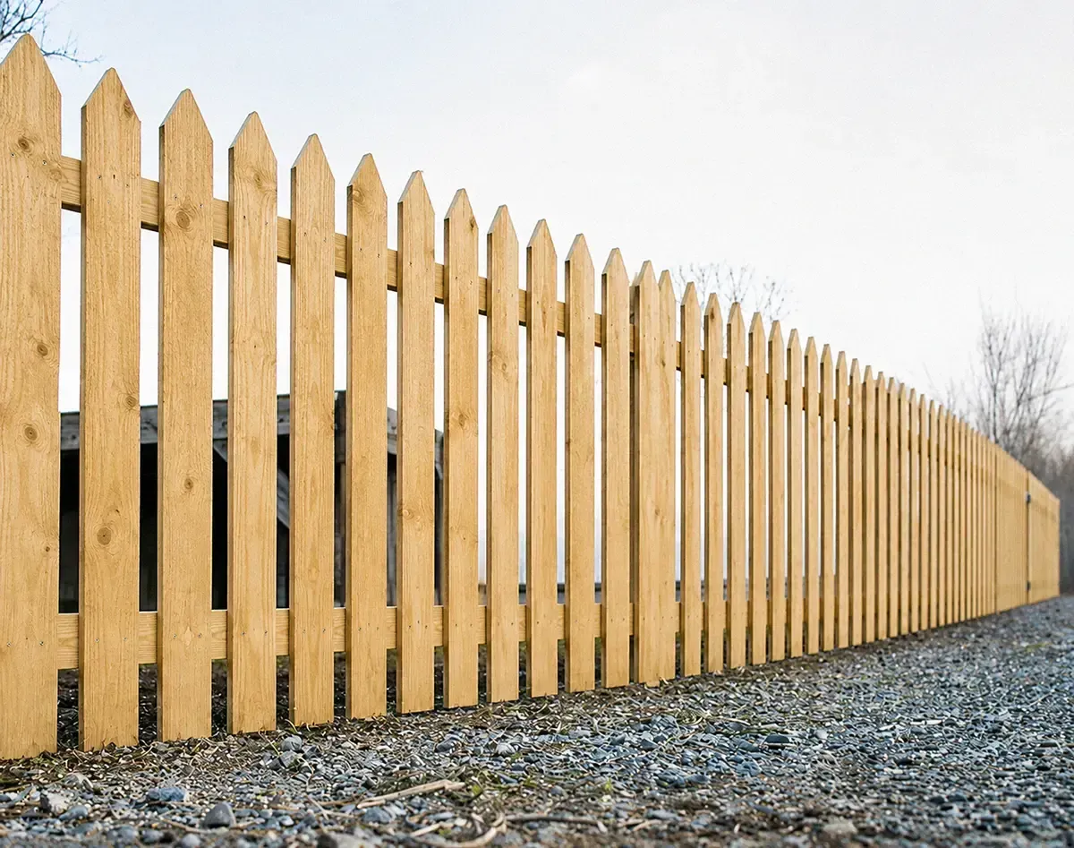 Wooden picket fence receding along a gravel path under an overcast sky