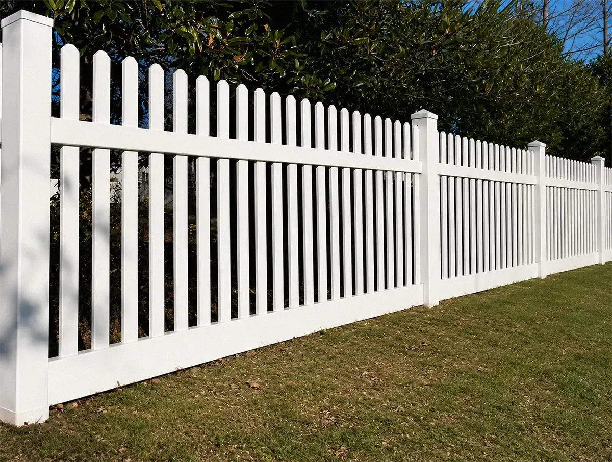White picket fence along a grassy yard with trees in the background