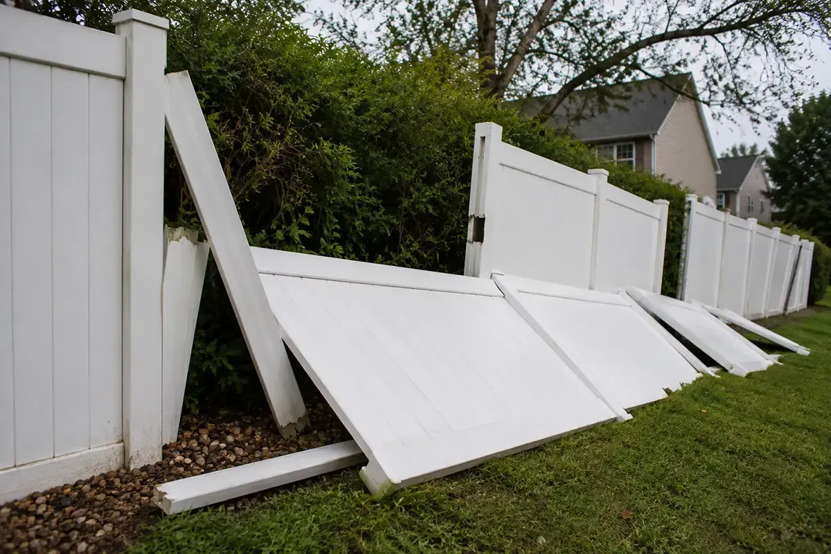 White fence panels collapsed onto a grassy yard along a sloped fence line.