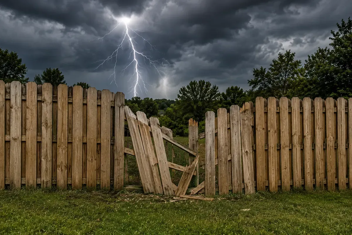 Broken wooden fence under a dark stormy sky with lightning in the background