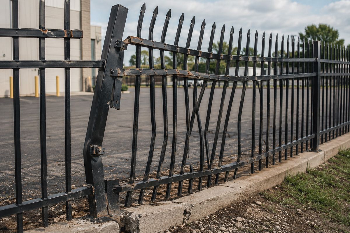Black metal fence bent outward along a concrete edge beside a building and grass.