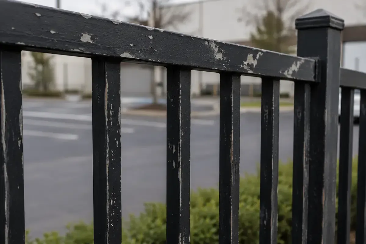 Black metal fence with peeling paint in front of a blurred street and bare trees