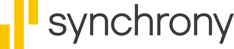 Synchrony logo with yellow vertical bars and gray wordmark on a white background