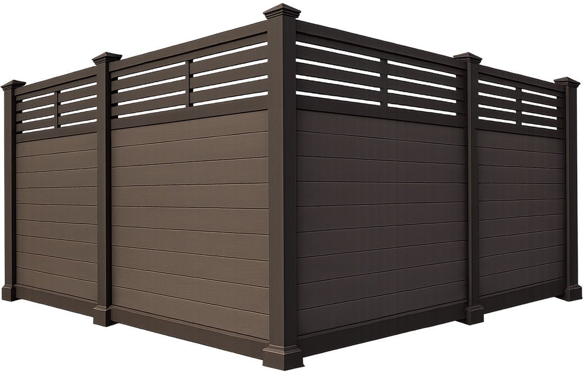 Brown composite privacy fence with a horizontal slatted top