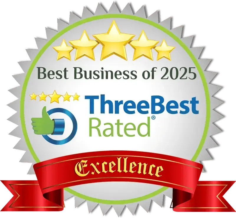 ThreeBest Rated “Best Business of 2025” silver badge with gold stars and red “Excellence” ribbon