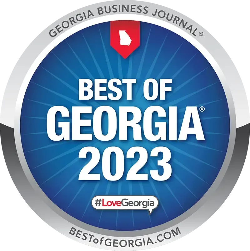 Blue circular Georgia Business Journal “Best of Georgia 2023” award badge with red Georgia icon and #LoveGeorgia tagline