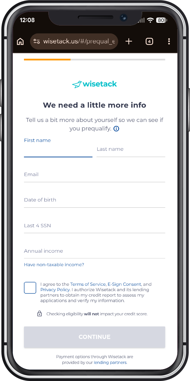 Mobile screen showing a WhiteCast account form with fields and a “Continue” button