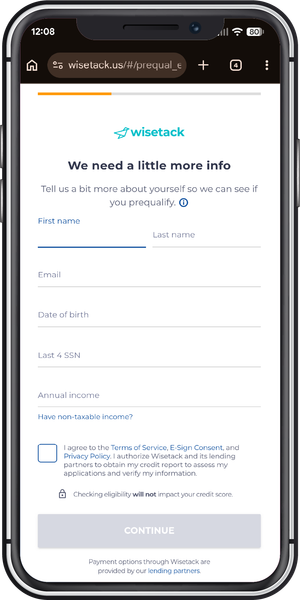 Mobile browser displaying a white “need a little more info” form with text fields and a consent checkbox