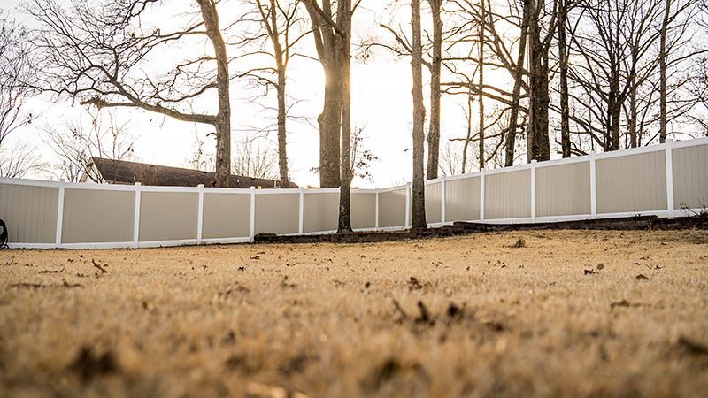 Low white fence across a dry yard with bare trees in the background