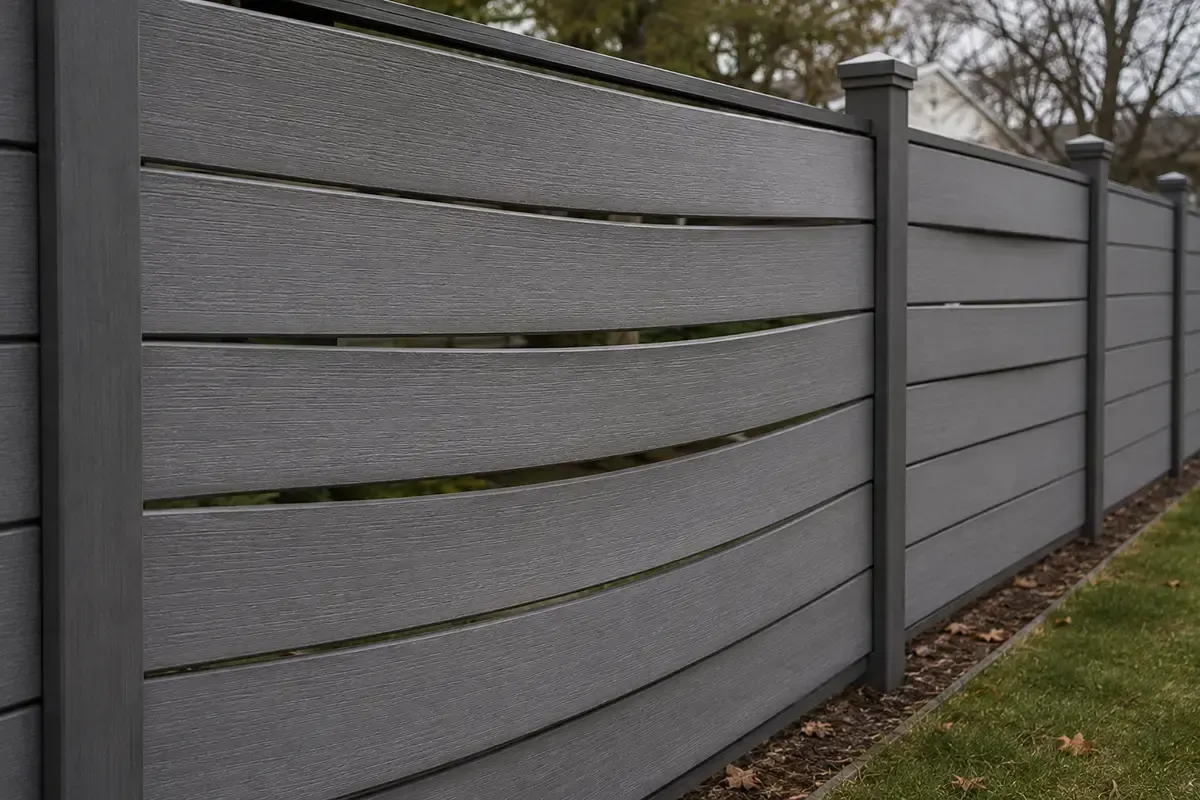 Curved gray vinyl fence panels beside a grassy yard
