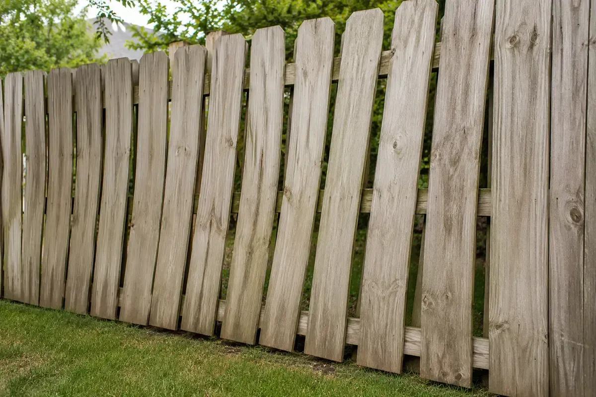Weathered wooden fence panels leaning along a grassy yard, with green trees above