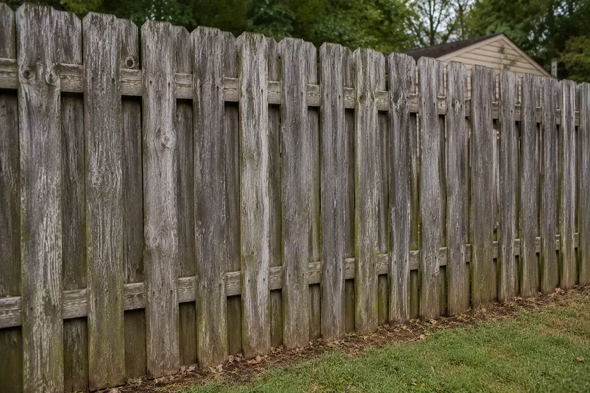Weathered wooden picket fence along a grassy yard with trees behind it