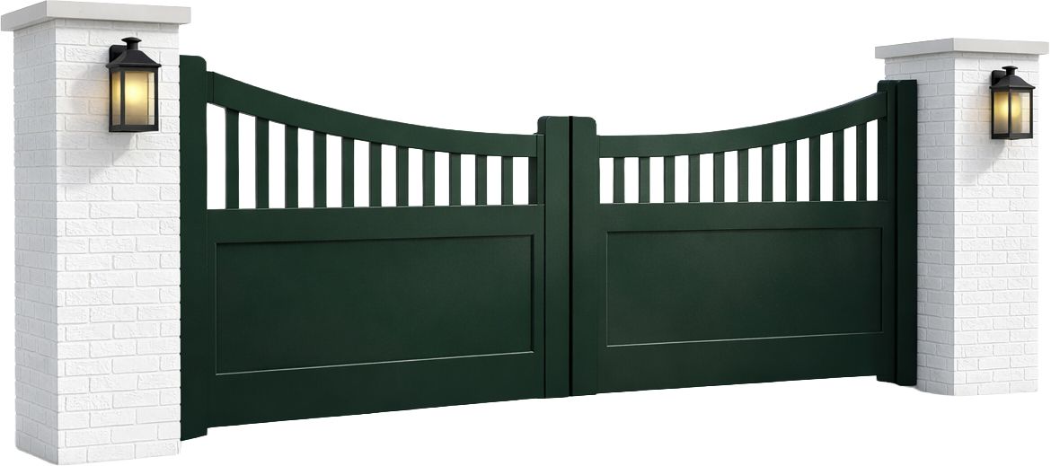 Dark green double driveway gate with white brick pillars and wall lanterns