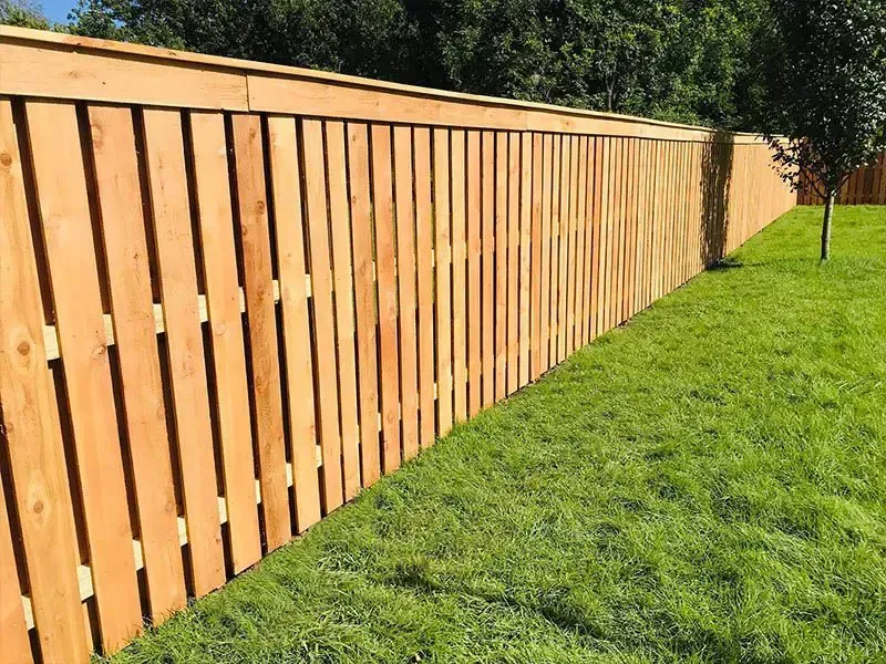Wooden privacy fence beside a green lawn on a sunny day