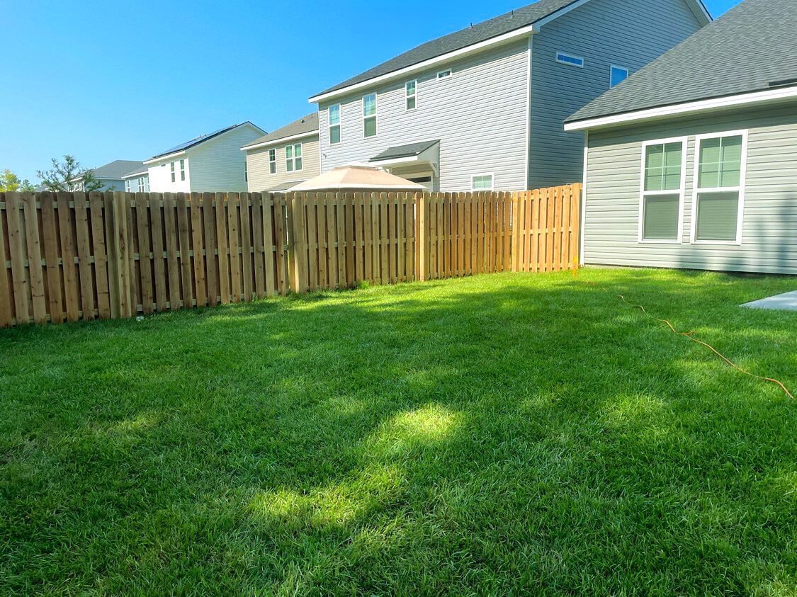 Sunny backyard with green lawn, wooden fence, and neighboring houses under a clear blue sky