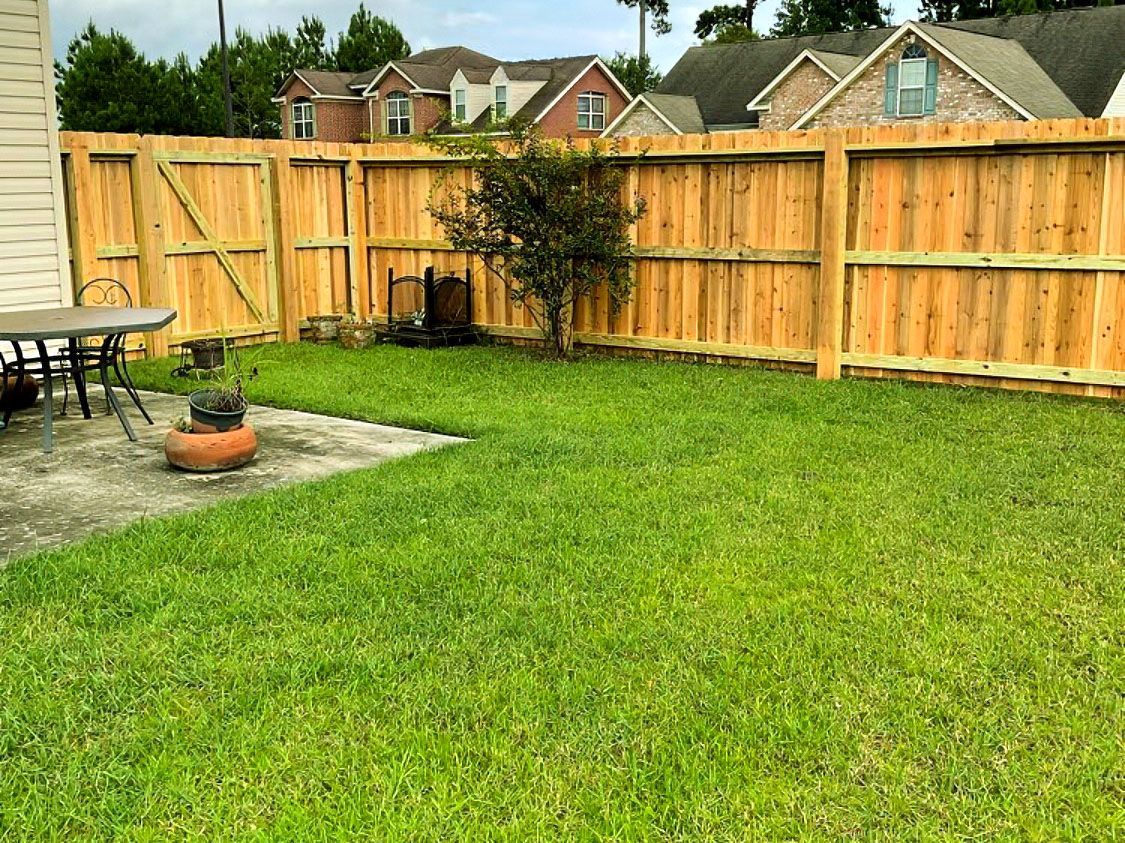 Backyard with green lawn, wooden fence, patio table, potted plants, and a small tree