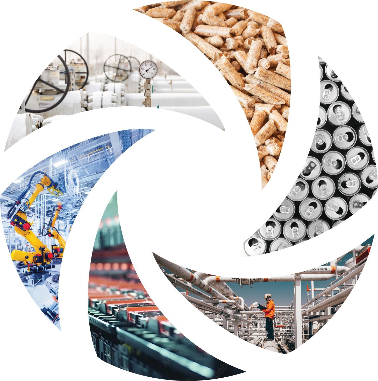 Rev logo with industrial photos inset