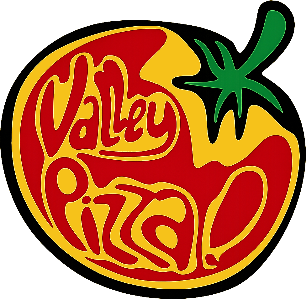 Valley Pizza logo with red and yellow lettering inside a tomato-shaped design with green stem