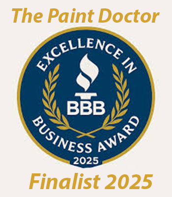 The Paint Doctor 2025 BBB Excellence in Business Award Finalist circular gold and blue emblem on a cream background.