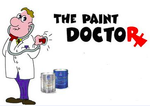 Cartoon doctor wearing a white coat and stethoscope next to two paint cans, with the text