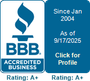 BBB Accredited Business seal with an A+ rating, active since January 2004, valid as of September 17, 2025.