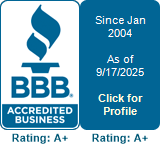 BBB Accredited Business seal with an A+ rating, active since January 2004, valid as of September 17, 2025.
