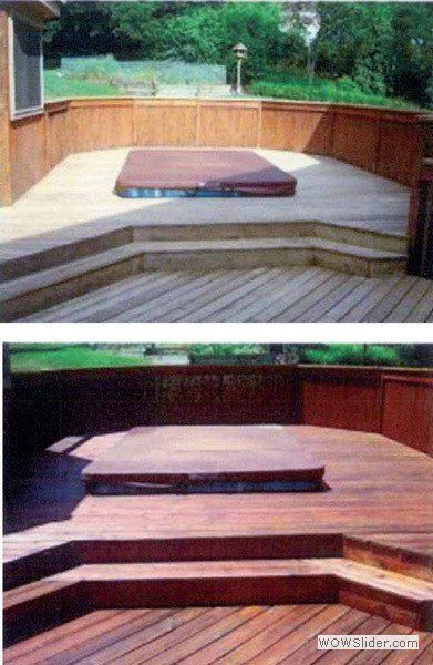 Before-and-after comparison showing a wooden deck and hot tub stained from a light natural tone to a rich, dark brown.