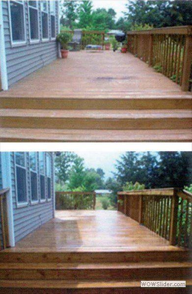Before and after view of a wooden deck that has been cleaned and refinished to a glossy, dark brown color.
