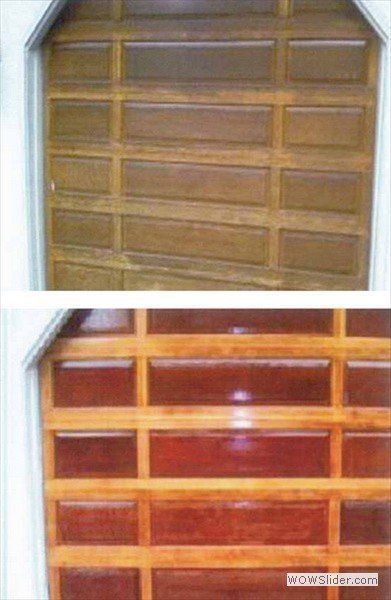 A before-and-after comparison of a weathered garage door being restored to a glossy, polished wood finish.