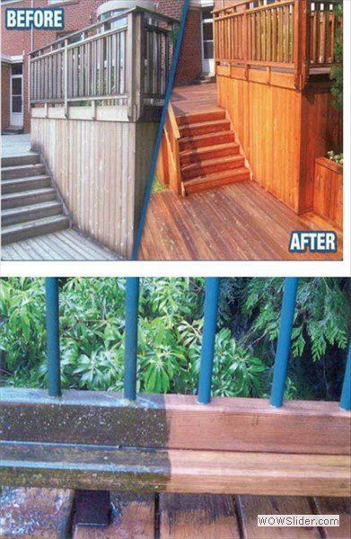 Split-screen comparison showing before and after photos of a deck and railing undergoing cleaning and staining.