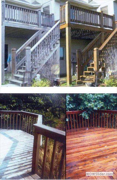 Before and after photos of a wooden deck and staircase being cleaned and stained to a rich, warm brown finish.