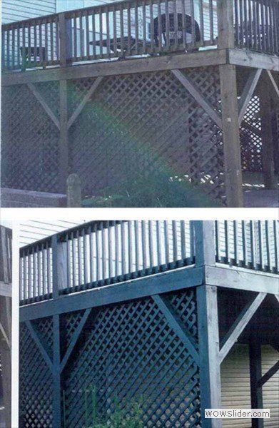 A two-part image showing a wooden deck with lattice skirting before and after being painted a dark green color.