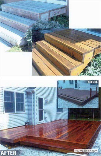 Before and after photos of a residential deck renovation, showing the wood stairs and deck surface stained a rich brown.
