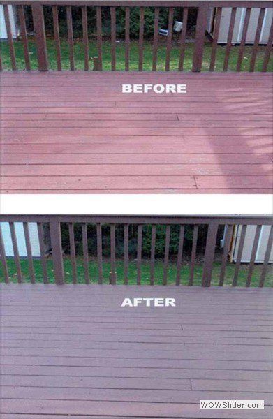 A split image showing a wooden deck before and after it has been refinished to a cooler, darker brown tone.