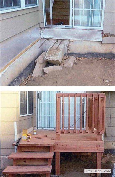 Before-and-after view of a home exterior showing the replacement of a broken concrete landing with a new wooden deck.