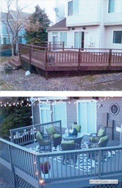 Before-and-after view of a residential deck, showing the original wood stain followed by a renovated grey painted finish.