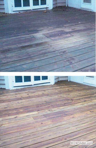 Before and after comparison of a wooden deck showing a dark, dirty surface restored to a clean, light brown finish.