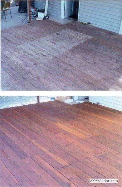 Before and after comparison of a wooden deck, showing the worn surface restored with a fresh brown stain.