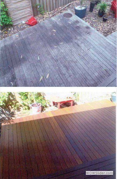 A before-and-after comparison showing a grey, weathered wooden deck being restored to a rich, warm brown finish.