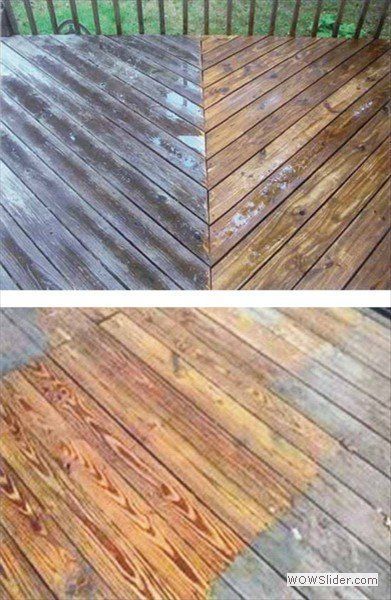 Before and after comparison of a wooden deck, showing the transformation from a weathered grey to a vibrant, warm tone.
