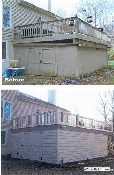 Before and after comparison of a home deck renovation, featuring new siding, trim, and updated railings.
