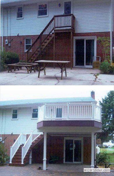 Before-and-after photos of a house backyard showing a deck replacement and staircase renovation.