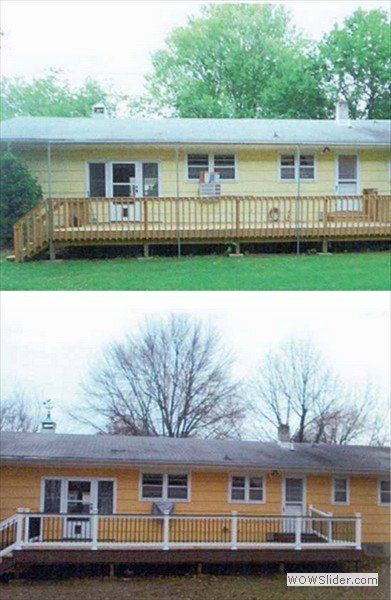 A before-and-after comparison of a yellow house with a new deck, showing an unpainted wooden railing versus a white one.
