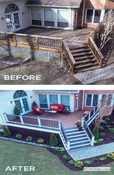A before-and-after comparison of a house deck, showing the original wood structure updated with a new color scheme.