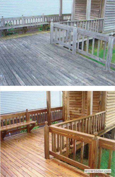 Before and after comparison of a wooden deck showing a weathered, grey surface restored to a warm, stained finish.