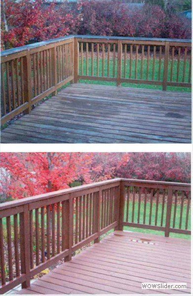 Before and after comparison of a wooden deck that has been cleaned and freshly stained a rich reddish-brown color.